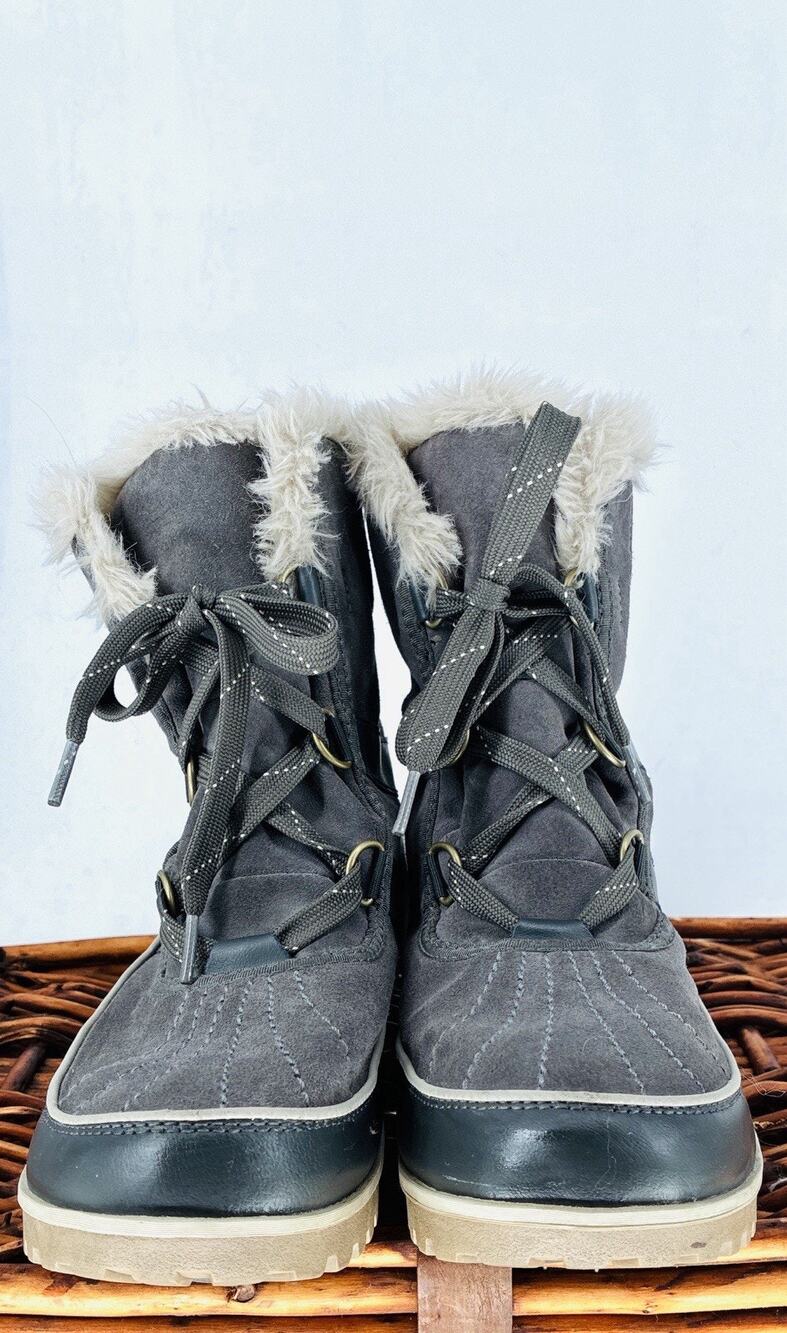 SOREL Tivoli II Waterproof Suede Snow Boots Women’s 11 Quarry Gray Faux Fur